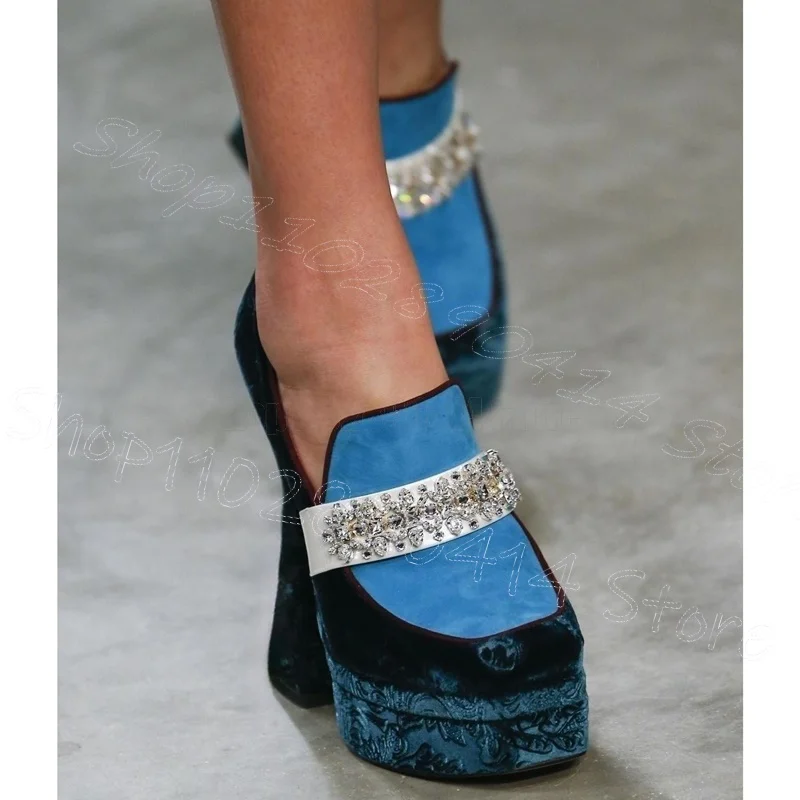 

Crystal Flower Blue Corduroy Platform Pumps Slip On Women Shoes Chunky High Heels Party Banquet Runway 2025 Zapatos Para Mujere