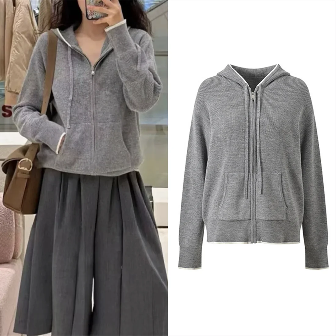 

High-End Version European Sle Women's Knitted Hat Jaet Zipper Svel Top Color Blo Design Casual Faion