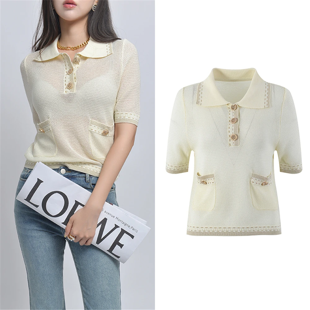 

High-End Version JJ Home Collar ort Sve Knitted Top with ket Sweet And Versatile Women's Faion Premium Fabric
