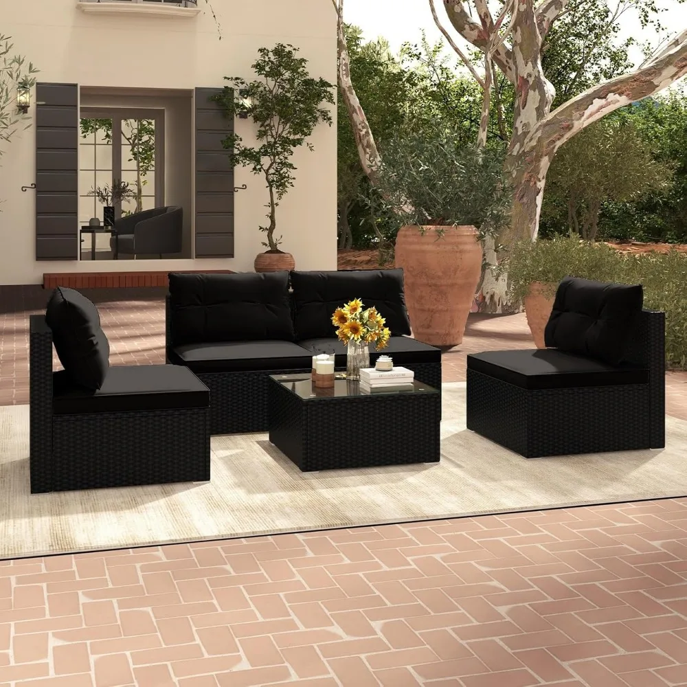 

5-Piece Outdoor Patio Furniture Set, Rattan Sectional Sofa Set w/Glass-Top Coffee Table, Soft Seat & Back Cushions, Bistro Set