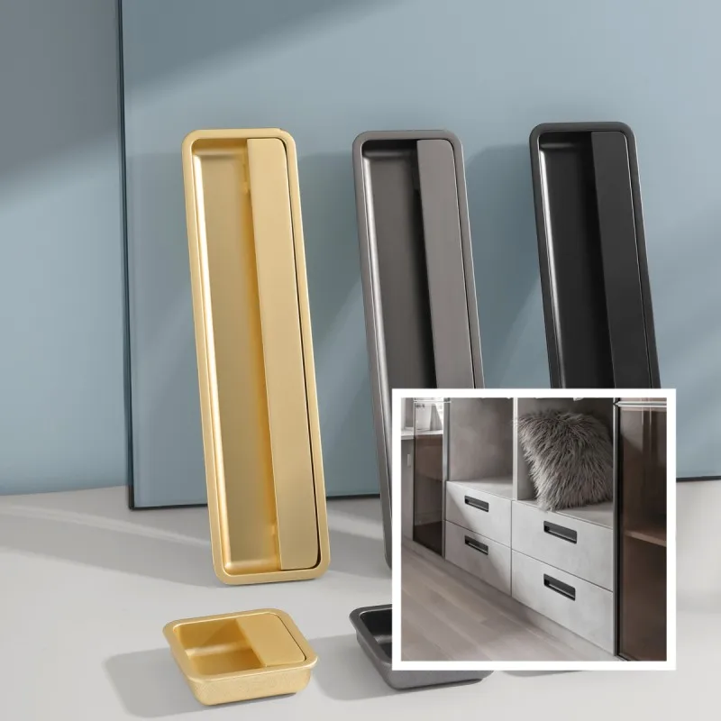 Black Aluminum Alloy Furniture Handles Embedded Concealed Door Knobs Kitchen Cabinet Handles Hidden Buckle Sliding Door Pulls