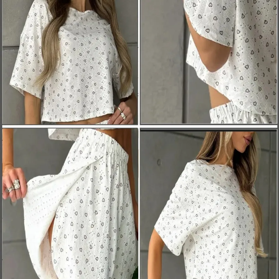 Conjunto de pijamas femininos venda quente solúvel em água jacquard impressão amor shorts pijamas casuais loungewear conjunto respirável de duas peças