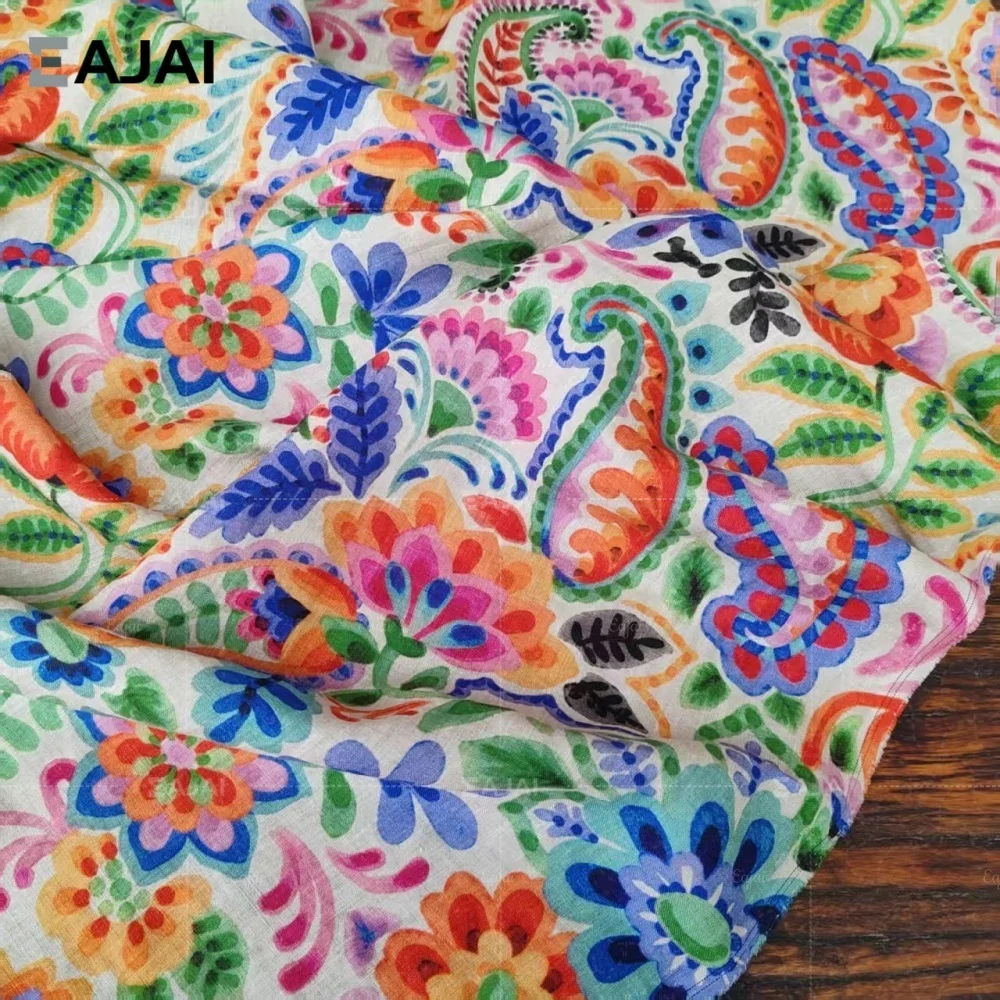 

Enzyme Washed Linen Fabric Bohemian Paisley Printed Distressed Cloth Material for DIY Bags Upcycle Sewing Autumn Winte
