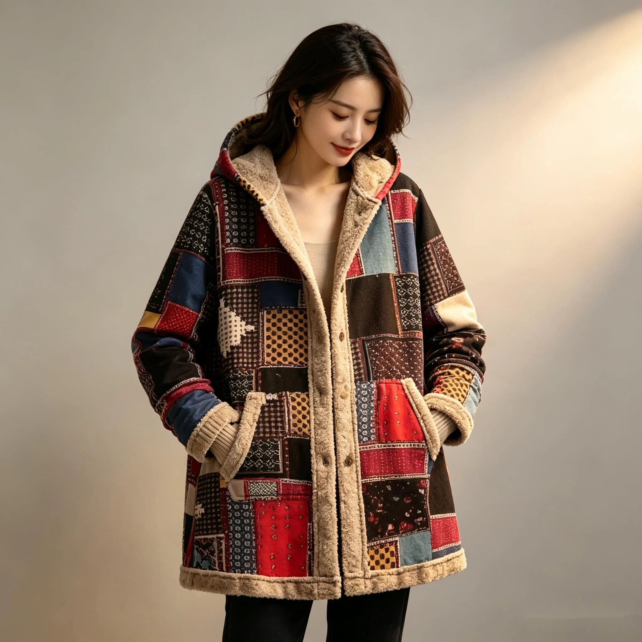2026 New Women's Hooded. Printed Loose-fitting Mid-length Plush Coat, Autumn. And Winter Warm Cotton Jacket, Plus. Size. Clothes