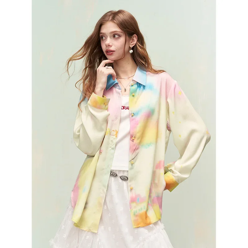 ELFSACK Women's Artistic Allover Print Long Sleeve Shirt Linen-Like Texture Casual Blouse