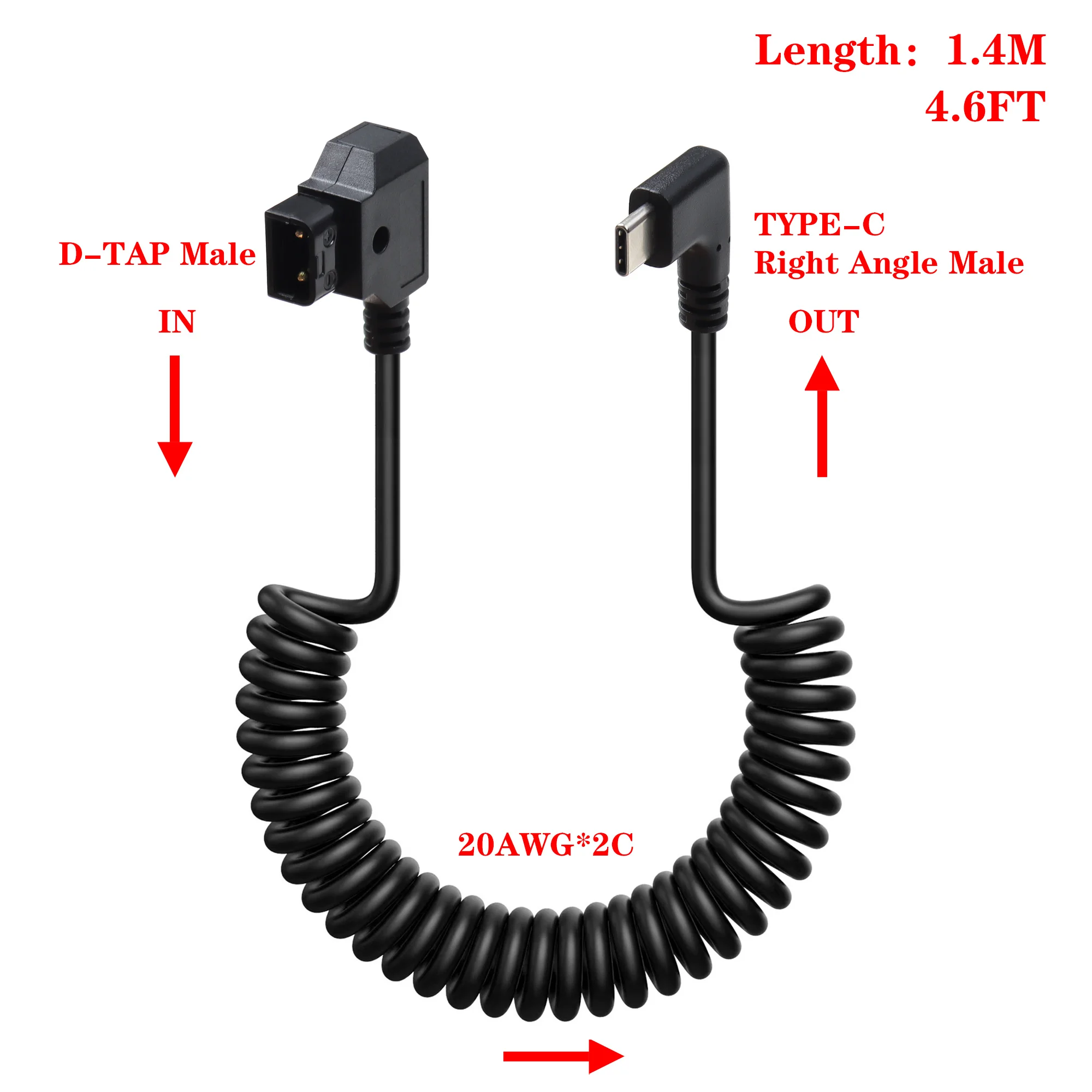 Black D-TAP to TYPE-C Power Cable  Coiled Cable  Battery Power Supply Cord D-Tap Input  for  SDR Transmission power cable