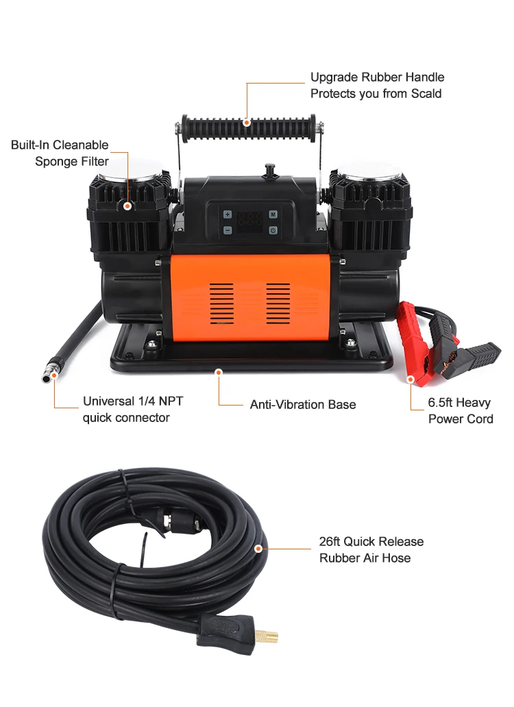 Dual-Cylinder 1080W Portable 12V Digital Tire Inflator 150PSI Compact Air Compressor for Car Motorcycle Made of Durable Plastic