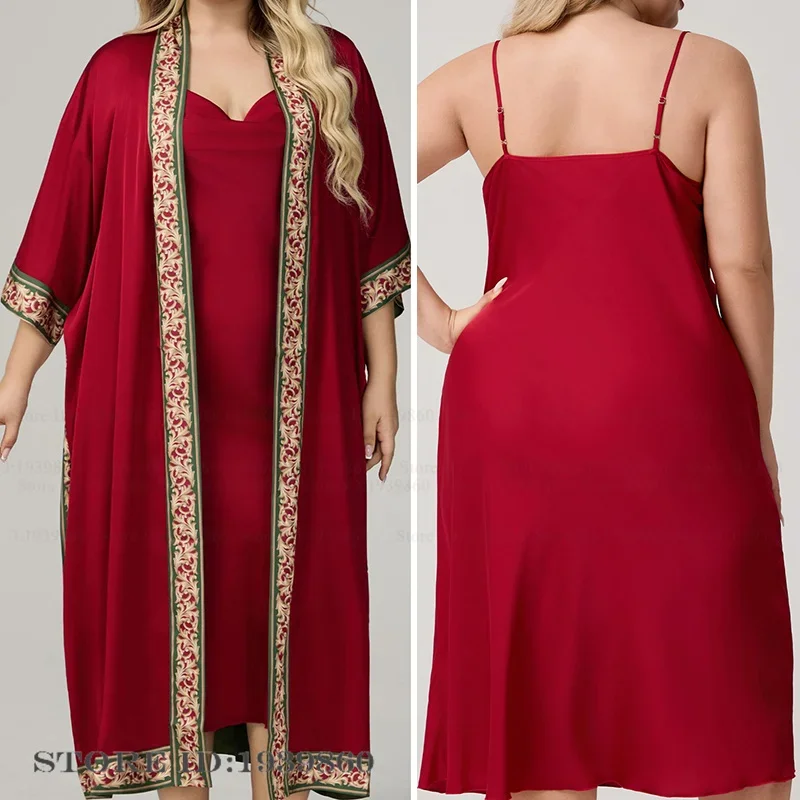 

Большой размер 3XL-5XL, женская одежда для сна, длинный халат, ночная рубашка, комплект, сексуальная бордовая шелковая атласная ночная рубашка, халат, свободное повседневное домашнее платье
