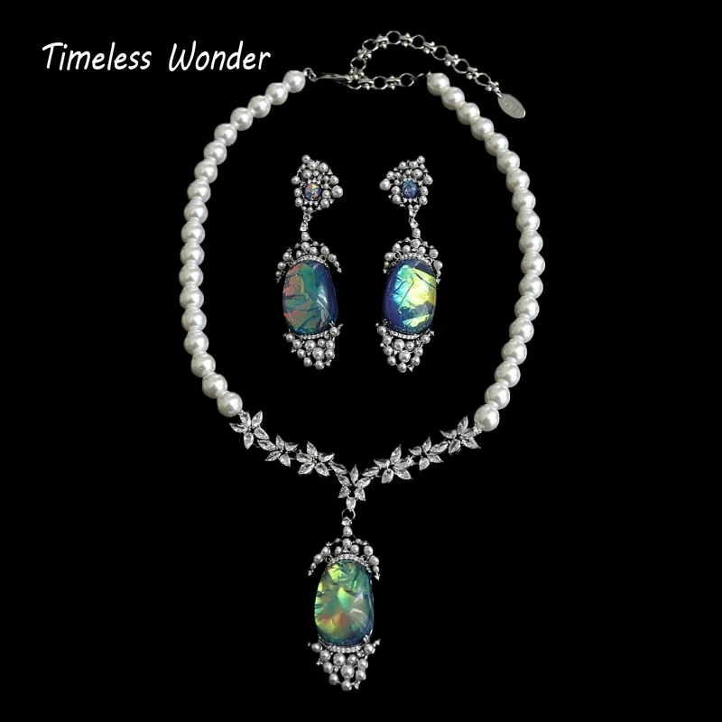 

Timeless Wonder Fantasy Zircon Geo Glass Pearl Pave Necklace Stud Earrings Women Designer Jewelry Set Sweet Top Rare Classy 4612