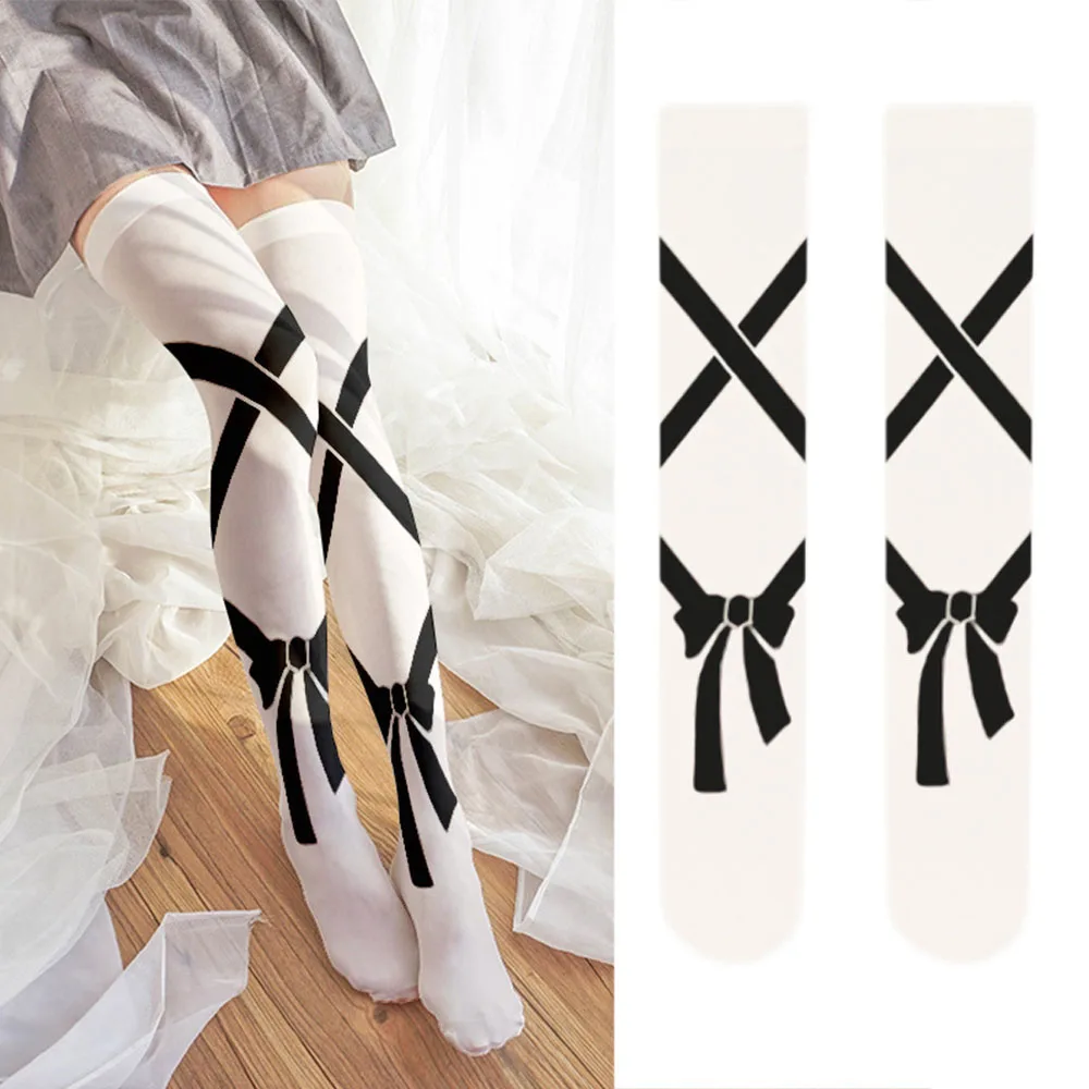 Sexy Bow Printed Wihte Long Socks Thin Women Over Knee Thigh High Socks Cute Bownot Lolita Over The Knee Stockings Cosplay