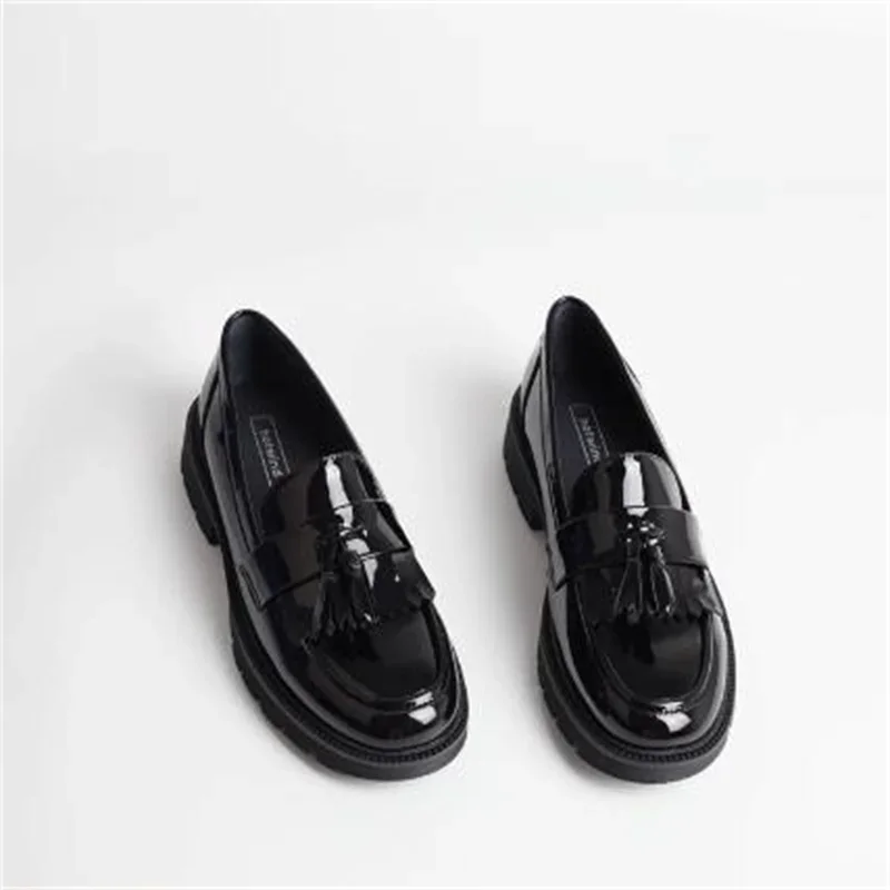 

Tassel Shoes For Women Round Toes Ladies Patent Leather Female Loafers Mid Heels Sewing Lines Zapatos Mujer Solid Chassure Femme