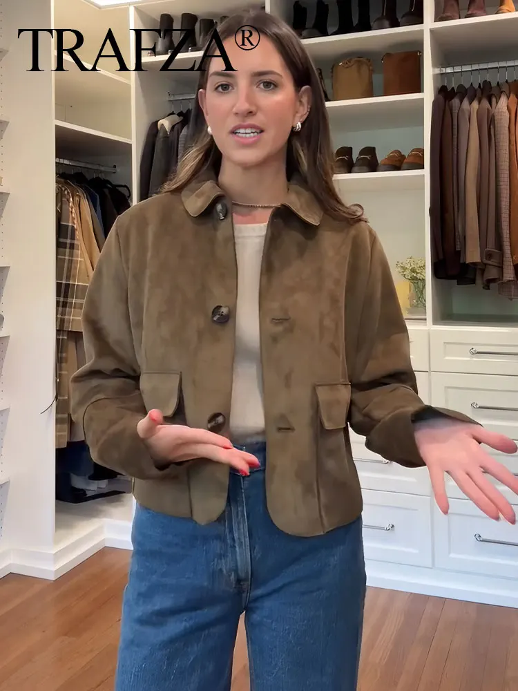 

TRAFZA Vintage Women's Suede Jacket Solid Lapel Long Sleeves Woman Coats 2025 Autumn Casual Commute Streetwear Lady Outwear