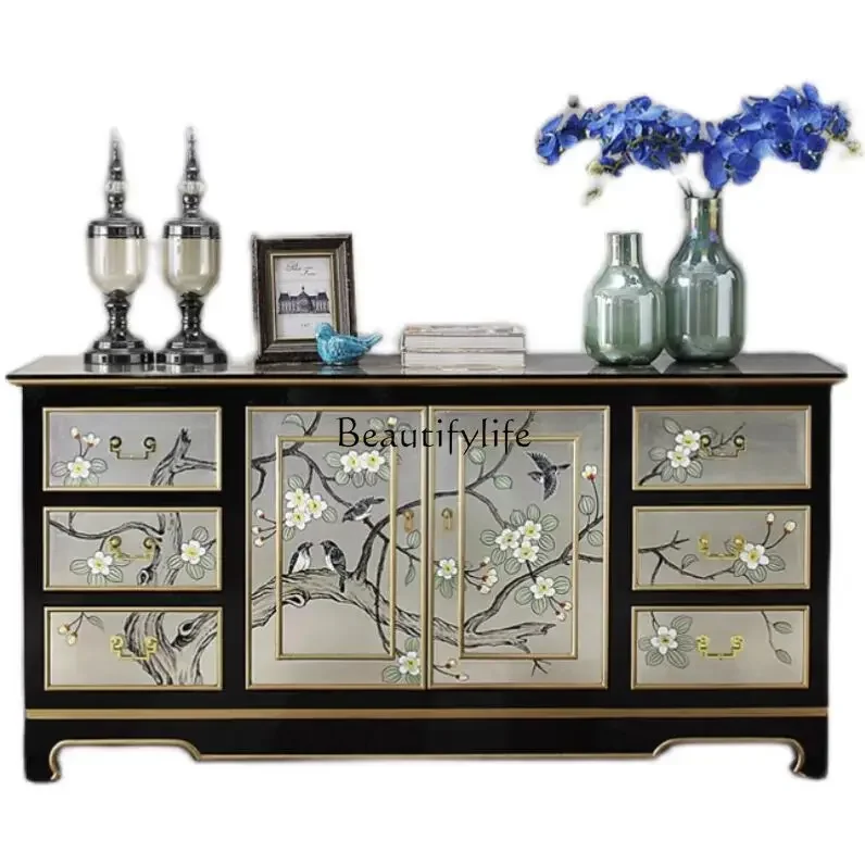 

LD33American rural retro solid wood dining side cabinet living room wall storage cabinet