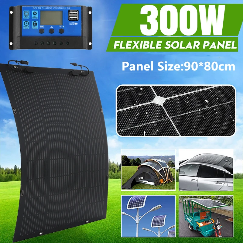 

18V Flexible Solar Panel Kit 300W Solar Panels with 100A Solar Controller +10000W Inverter Kit for Boat Car RV Battery Charger