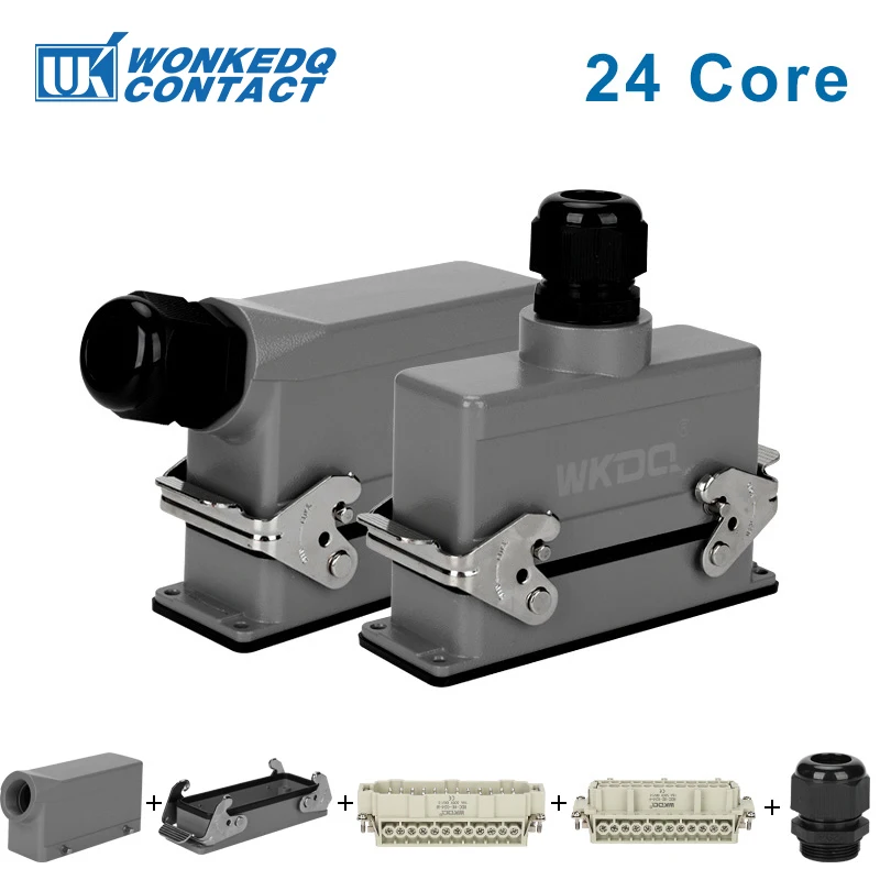 

HDC HE 24 Inserts Core 16A 500V Screw Terminal Contact Top/Side Entry Hood Cable Plug Waterproof Industrial Heavy Duty Connector