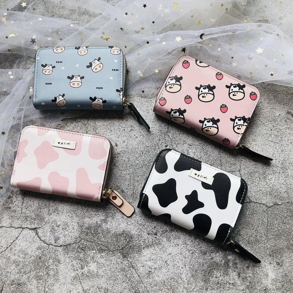 Monedero bonito con patrón de vaca para mujer y niña, Cartera de cuero PU para estudiantes, bolsillo para llaves con cremallera, bolsos de dibujos