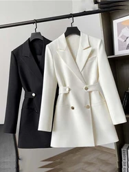 Fashion Woman Blazer 2024 Waist Slim Double Breasted Dress Suit Jacket Spring New Pure Color Elegant Straight White Blazer