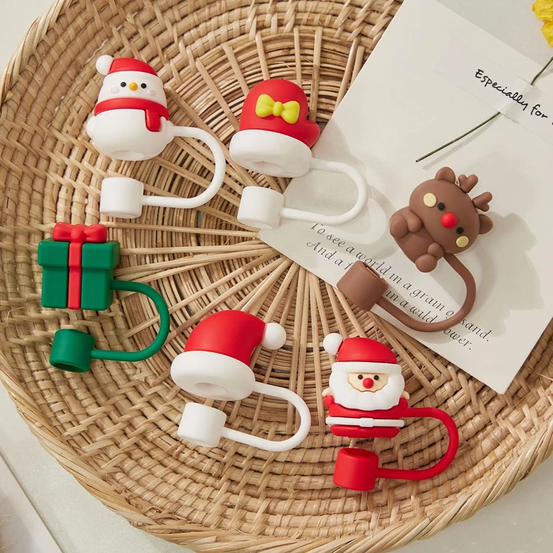 Christmas Straw Cover Cap Cartoon Christmas Tree Santa Claus Straw Cap Reusable Universal Splash Proof Dust Drinking Straw Cover