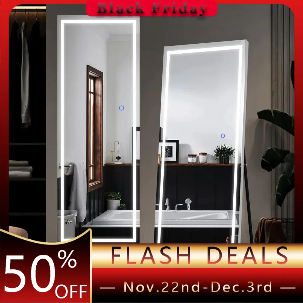 Full Length Standing Mirrors with LED Lights Large Rectangle 3 Colors Dimmable Lighting, Stepless Dimming