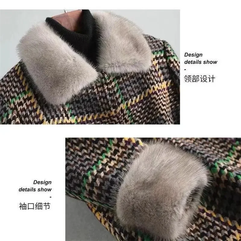 2023 Winter New Vintage Thick Plaid Fleece Medium Long Imitation Mink Fleece Collar Coat Women's Korean Checkered Fleece Coat V1