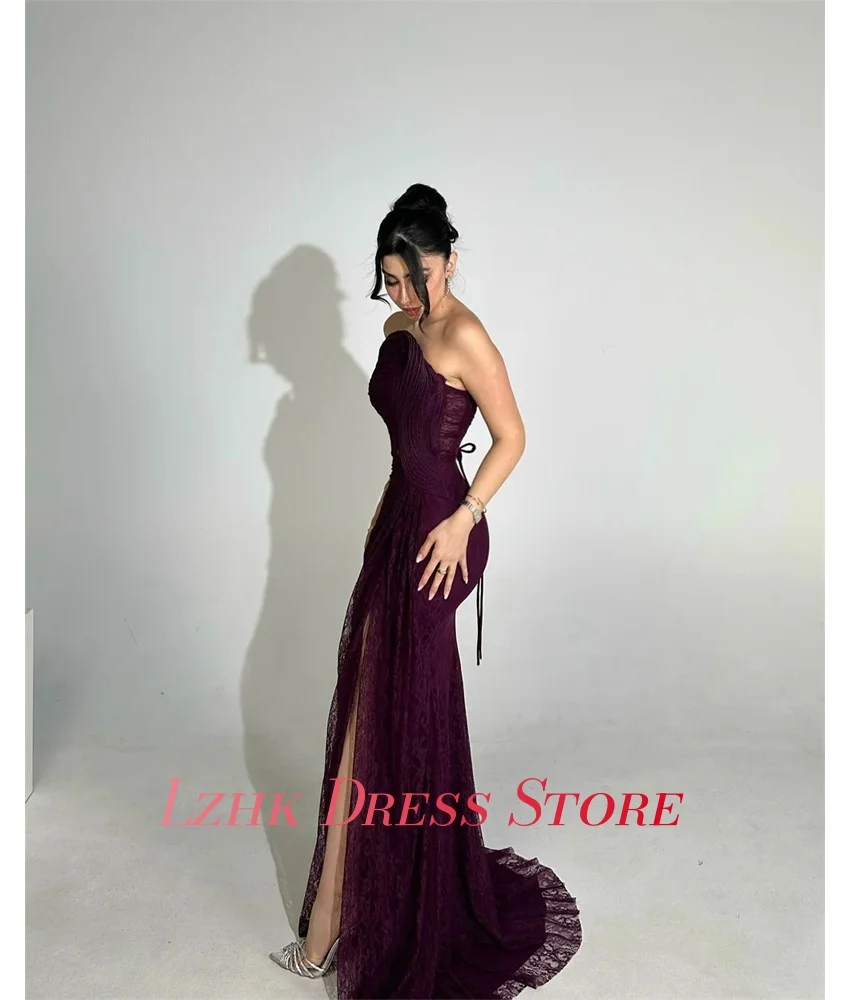 Vestido de noite sereia de renda de alta qualidade personalizado, delicado, sem mangas, sem alças, até o chão