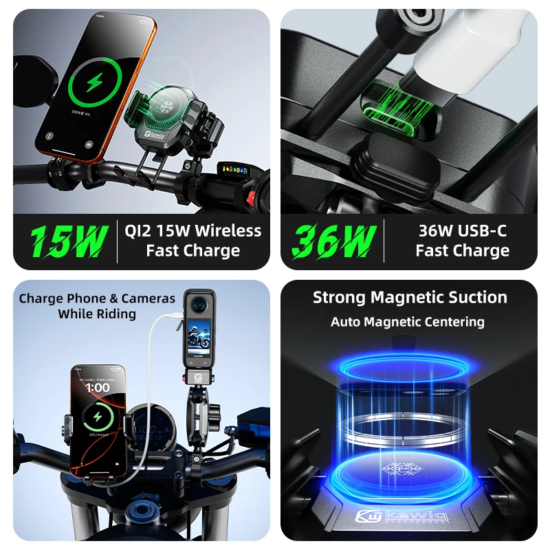 Kewig M33Pro-A6 Motorcycle Phone Holder Qi2 15W Wireless Charge 36W USB C Fast Charge Shockproof With Fan Cooling Phone Mount