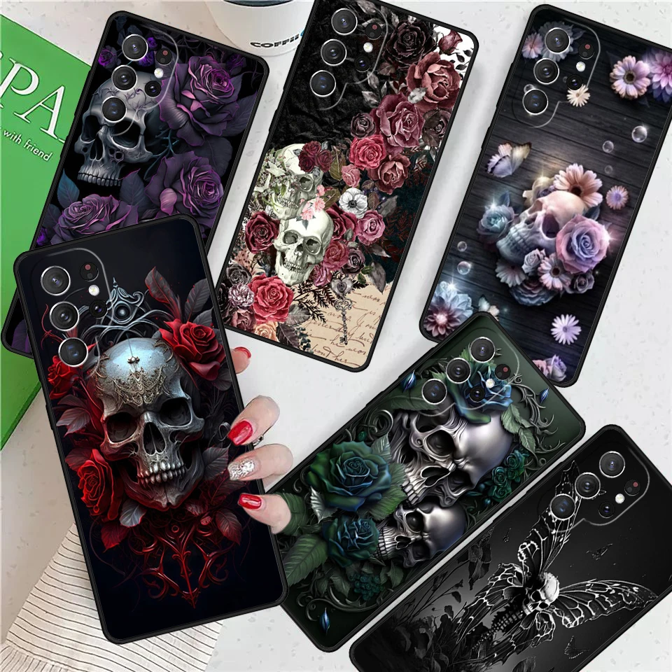 Fashion Skull Flower Black Skeleton For Samsung Galaxy S24 Ultra S21 S22 S8 S9 S10E Note 10 20 Plus FE S23 Phone case Cover