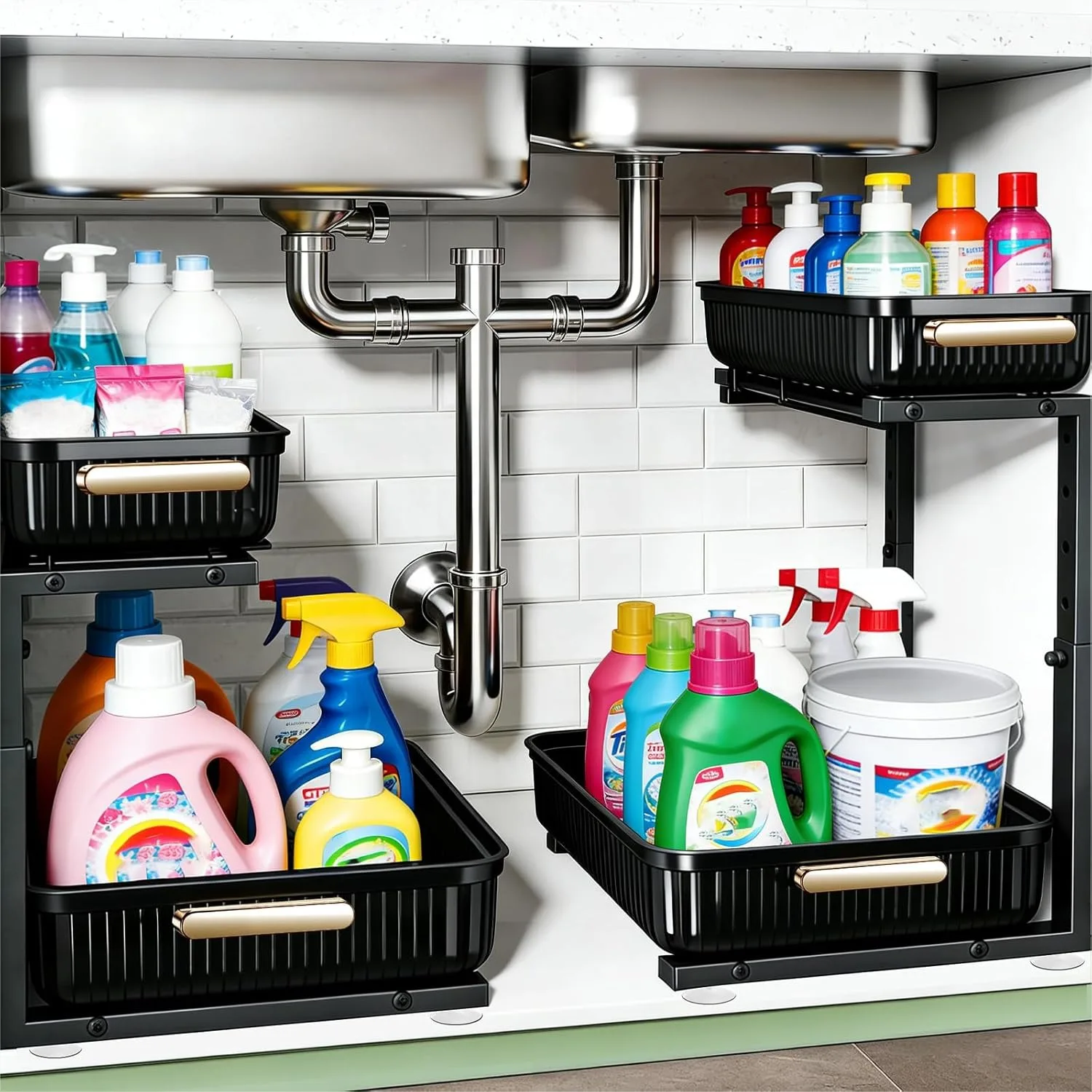 

Under Sink Organizer 2 Pack Pull-Out Metal Cabinet Shelf, Slide Out Storage for Kitchen Bathroom, Black