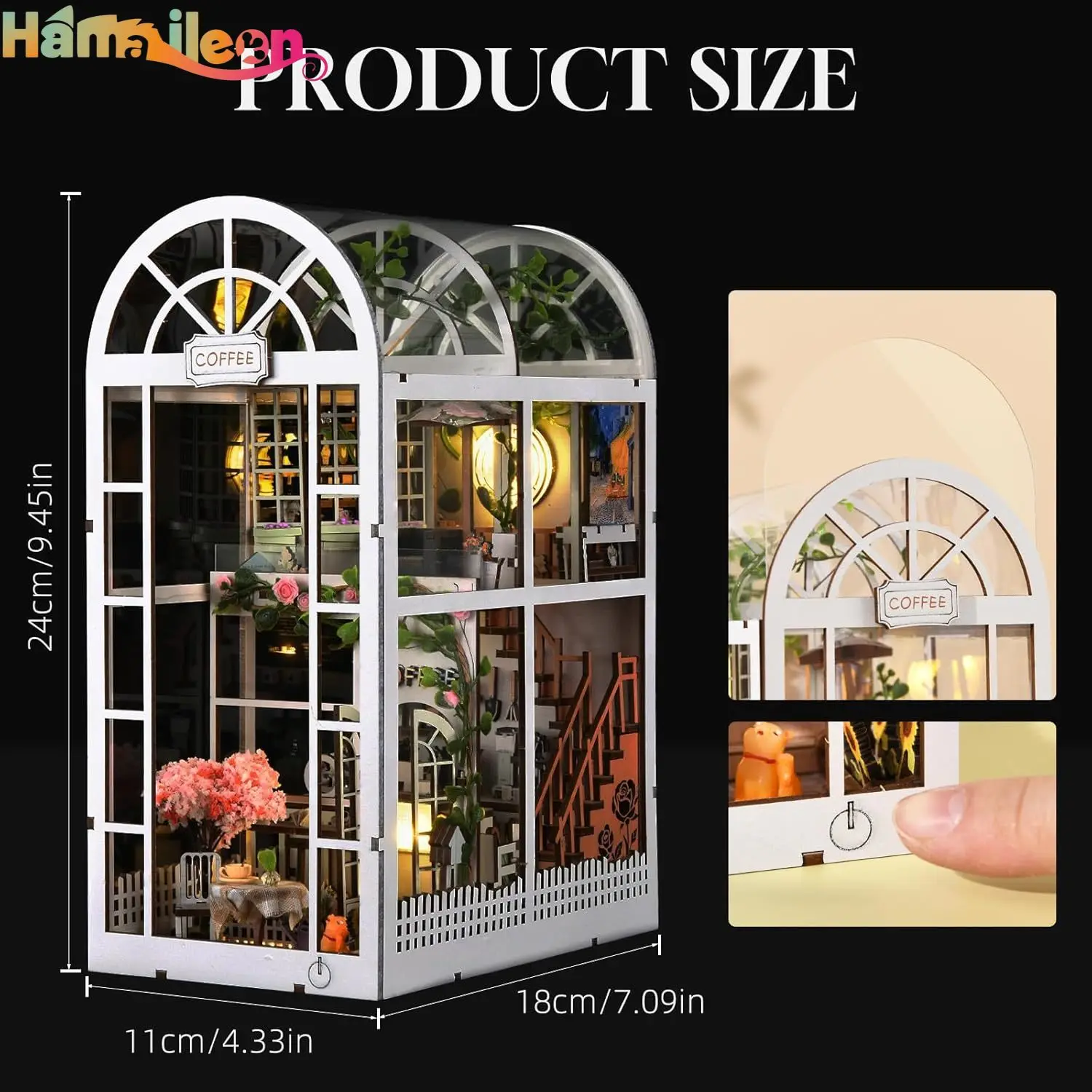 Hamaileon 3D Wooden Puzzle Dollhouse Booknook Bookend, Miniature Model Building Bookshelf for Adults and Teens(Coffee Garden)