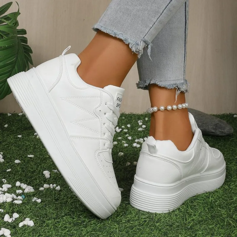 Women's Platform Sneakers Round Toe Chunky Lace-Up Casual Shoes Perforated Smooth Surface Finish Daily Outdoor Walking Footwear view 6