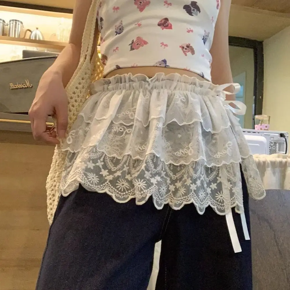 Rok Mini Renda Balletcore Elegan Gaya Korea Y2k Rok Ruffle Pinggang Tinggi Model Bunga untuk Wanita