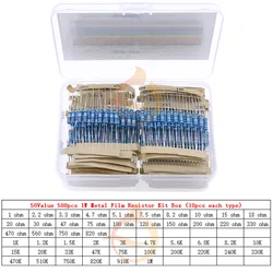 500Pcs/Box 50 Values 1 ohm-1M ohm 1W 1% Metal Film Resistor Resistance Assortment Kit Set
