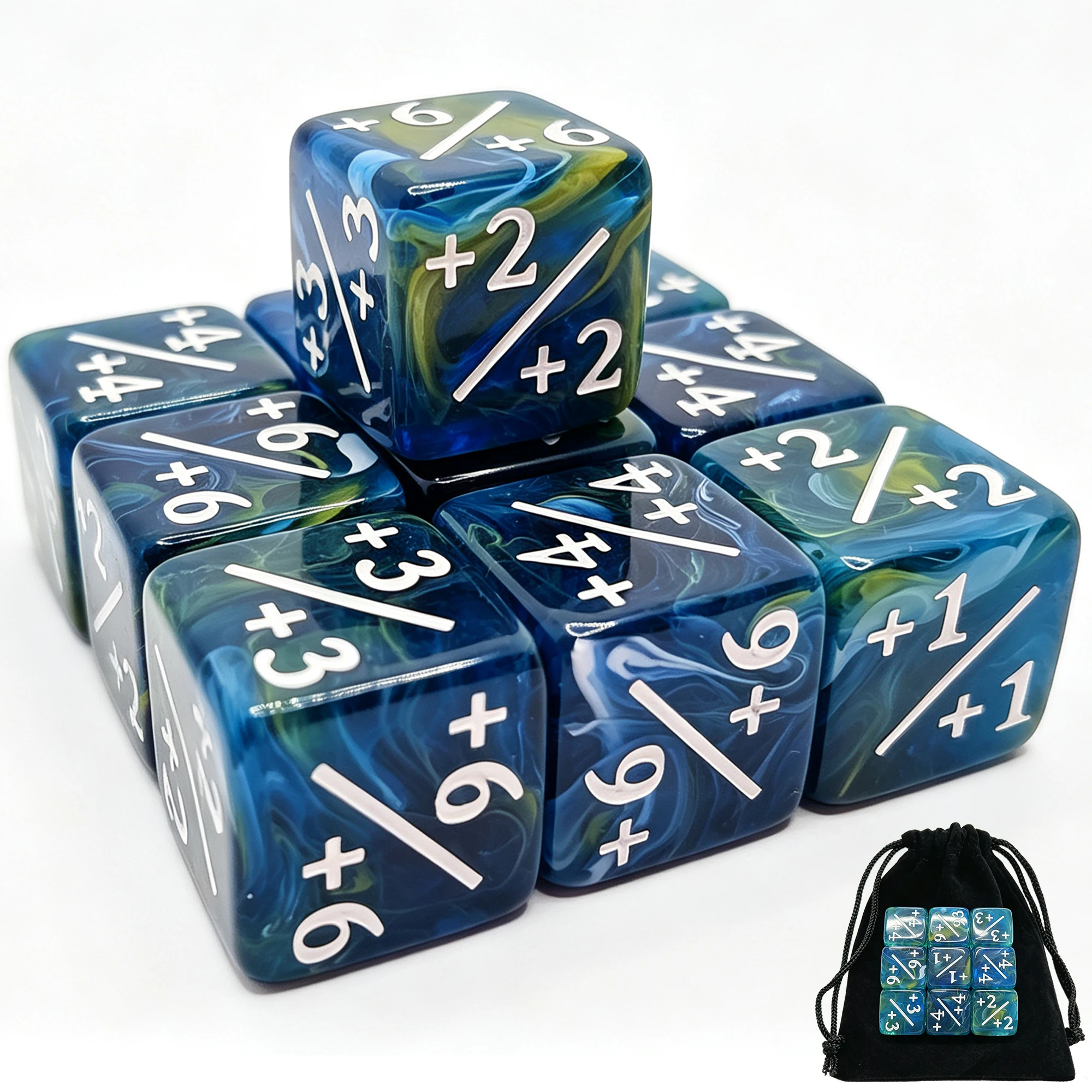 10pcs Dados DND Dice Set Colorful Garden +1/-1 Counter Dices for D&D MTG Positive Negative Counters with Storage Bag