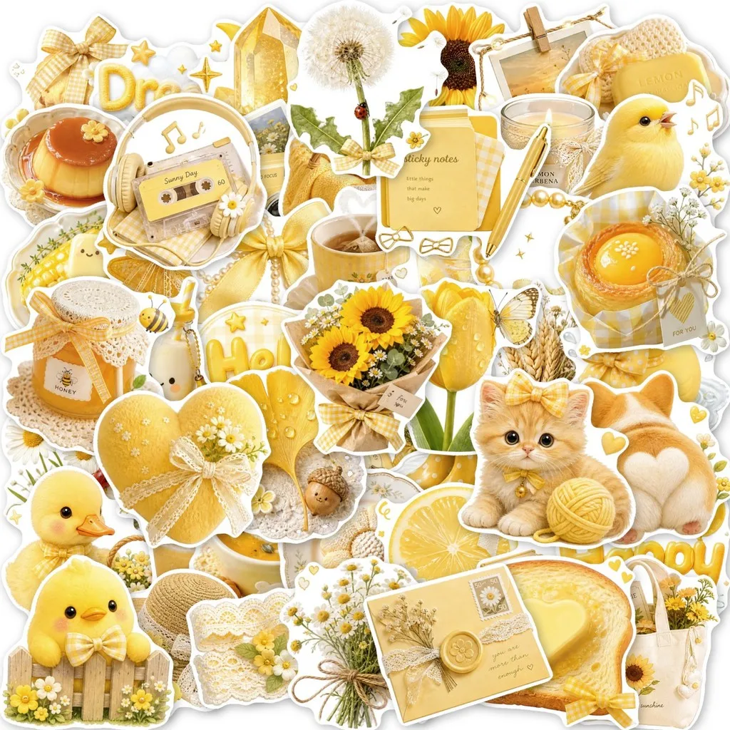 50Pcs Cream‑Yellow Fresh Style Stickers Dessert Floral Pet‑themed Waterproof Decals for DIY Decoration AnimeWorlds Store