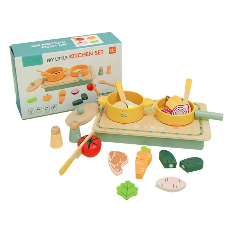 Toddler Kitchen Cooking Playset Kids Kitchen Accessories Wooden Cookware With Pots Shovels Vegetable For Boys Girls