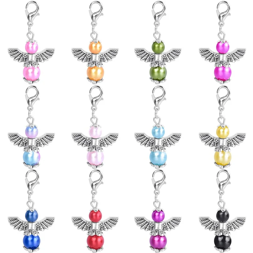 12pcs Guardian Angel Beads Wings Pendants Charms Handmade Lobster Clasp DIY Jewelry Making Baptism Bracelet Necklace Pendants