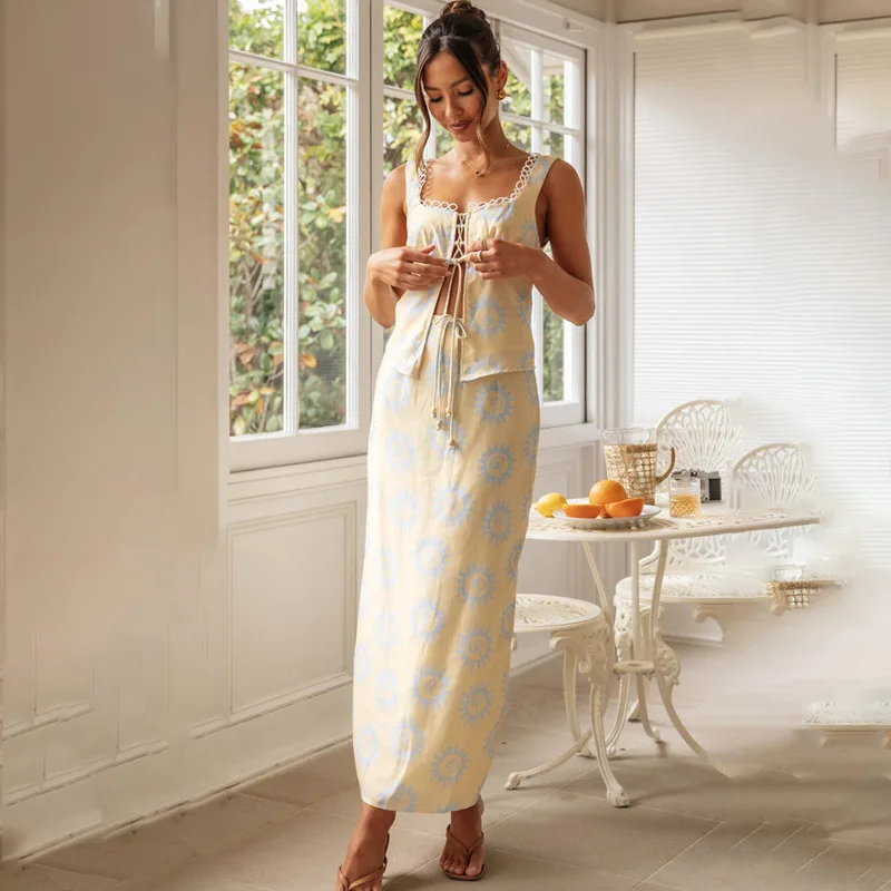 Été nouvelle dentelle Patchwork à lacets à la mode col carré haut moulant imprimé jupe longue ourlet fente coupe ajustée ensemble Long