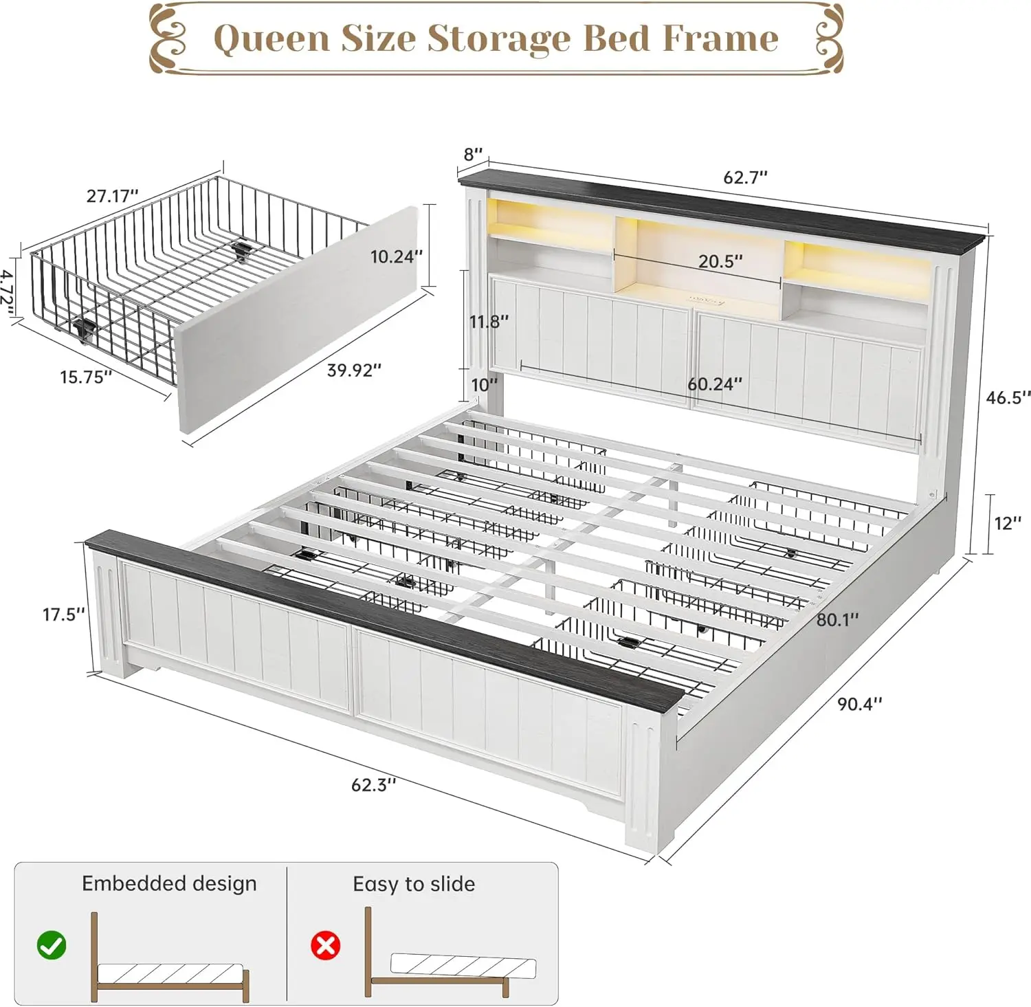 Queen Bed Frame with 4 Storage Drawers LED Queen Bed Frame with Headboard Bed Frame Queen Size Built in Charging Station,White