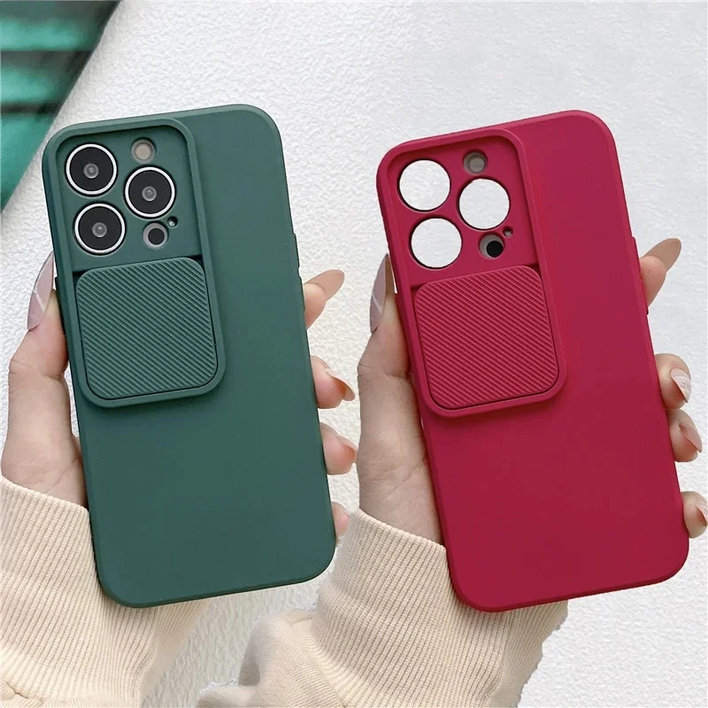 Slide Close Camera Protection Soft TPU Case For iPhone 15 14 13 12 11 Pro XS Max X XR 7 8 Plus SE Solid Color Silicone Cover