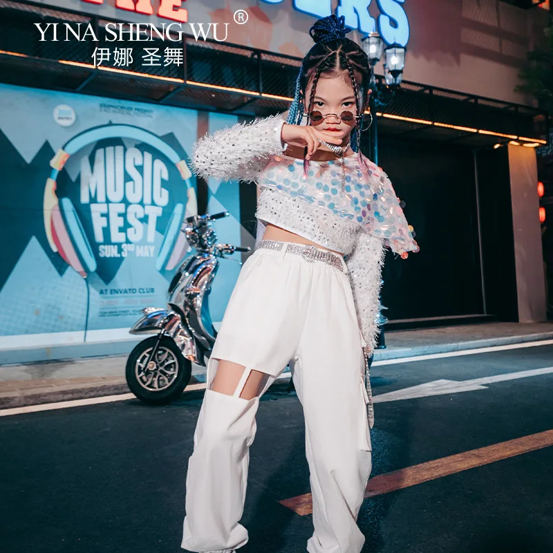 Girls Jazz Dance Suits K-pop Street Dance Hip-hop Costumes Fashionable Sequins Top Hollow Pants Set Kids Models Catwalk Costumes