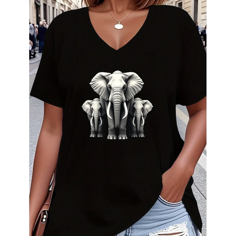 Women'S Plus Size V-Neck T-Shirt with Realistic Grayscale Elephant Family Print - Soft Polyester, Casual & Comfortable, Wear