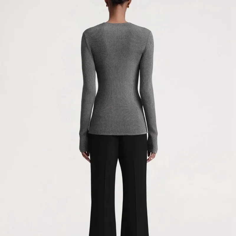 TT @ LUXURY-Knitted Shirt for Women, Metal Ribbed, Round Neck, Slim Fit, Casual, Knitted Top, Nordic, Autumn, Winter, 2024