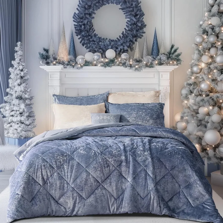 

Queen Comforter Set Velvet Comforter Set Luxury Diamond Quilting Fluffy Bed Set with Decorative Pillow and 2 Shams Blue 4 Piece