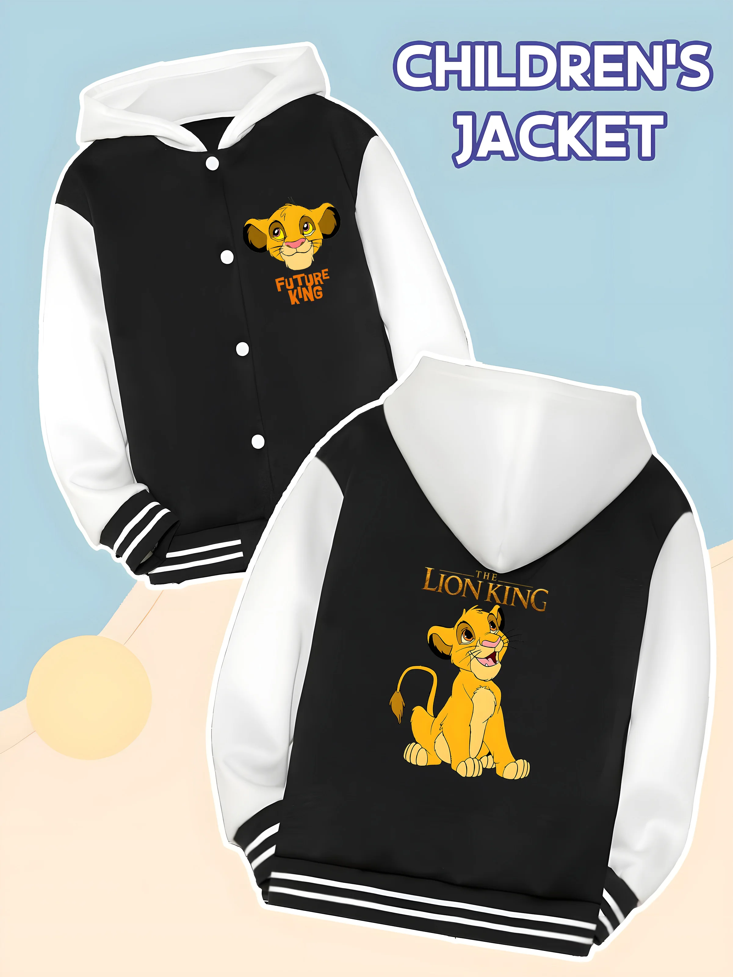 Jaket Baseball Anak Laki-Laki MINISO Disney - Cetakan Simba Raja Singa "Raja Masa Depan", Singa Kecil, Cocok untuk Sekolah dan Bermain, Unik