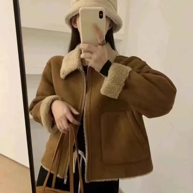 Fall Winter Warm Suede Lamb Fur Coats Women Korean Long Sleeve Zipper Loose Jacket Y2K Streetwear Splicing Casual Outerwear