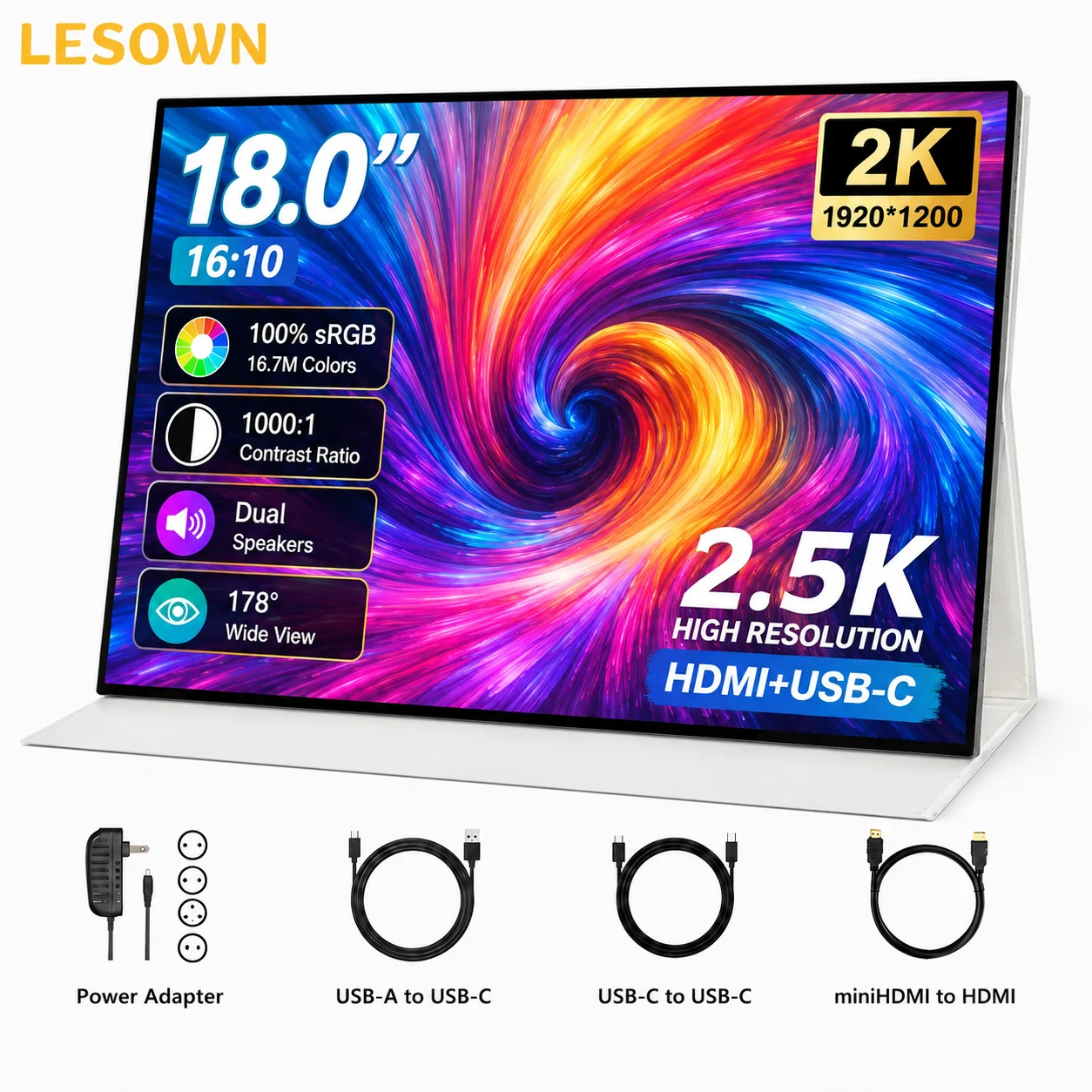 LESOWN 18 Inch External Monitor 2K Mobile Display Plug and Play Dual Screen for Business Travel