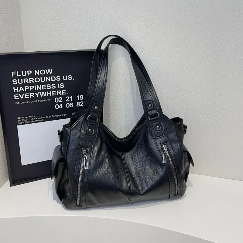

2025 New Solid Zipper Dual Main Pockets High Capacity Handbag For Women Sewing Thread PU Fashion Ladies Bag Shoulder Bag