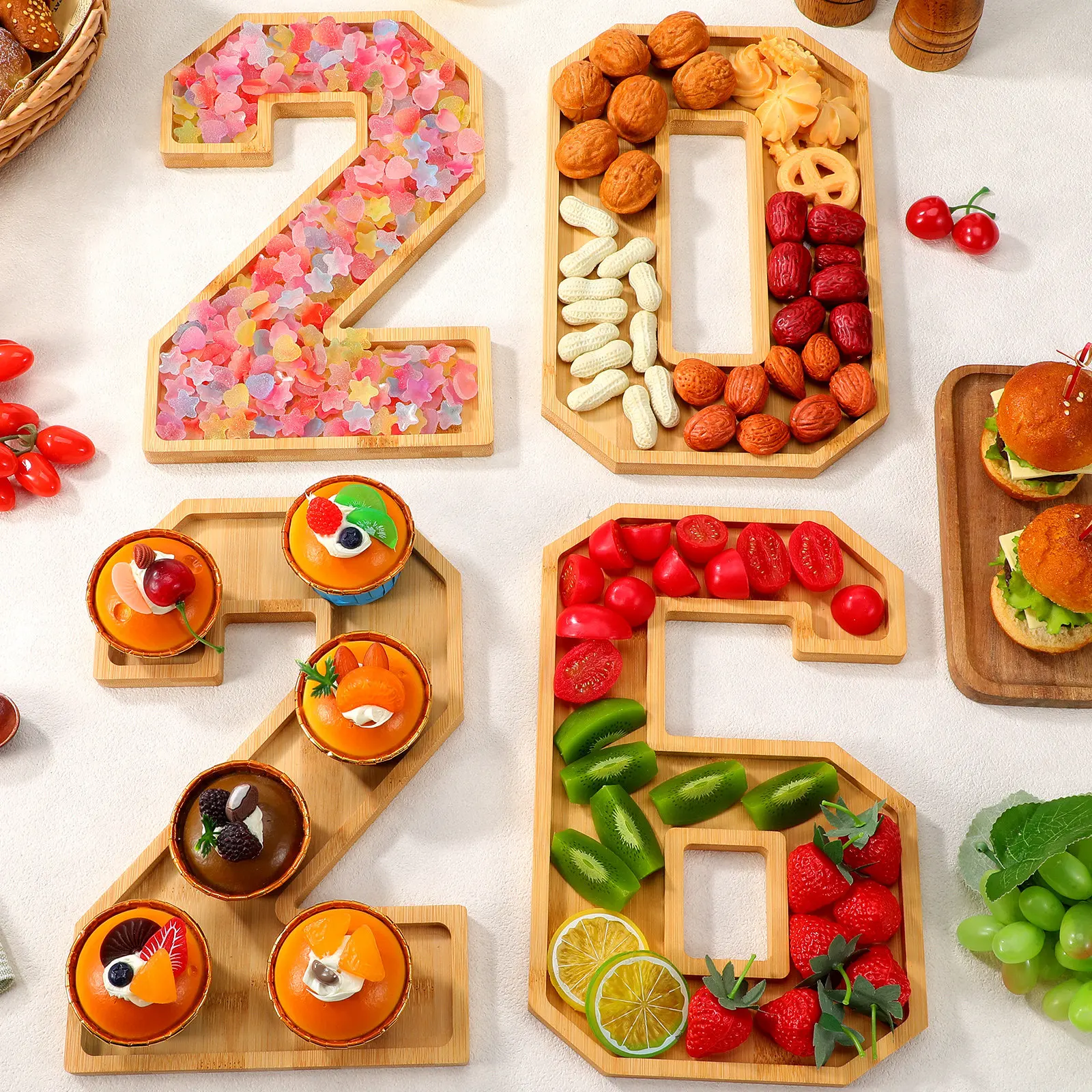 

Набор из 2026 предметов: Деревянная сервировочная доска в деревенском стиле для фруктов и закусок, с разметкой для наполнения, для праздников и новогодней ночи