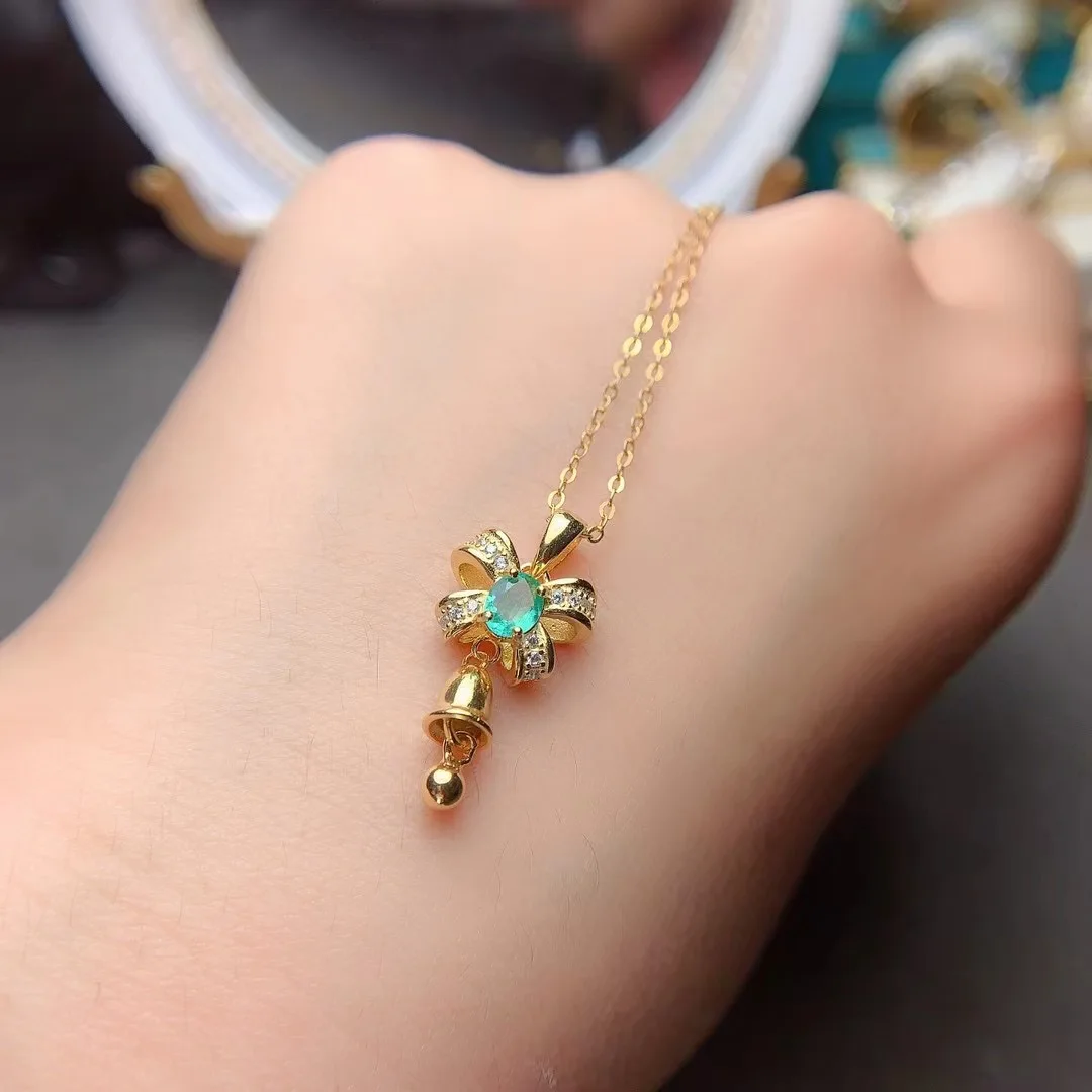 

Real 925 Silver Bowknot Pendant for Girl 3mm * 5mm 0.3ct Colombia Emerald Pendant with Silver Necklace Gift for Woman