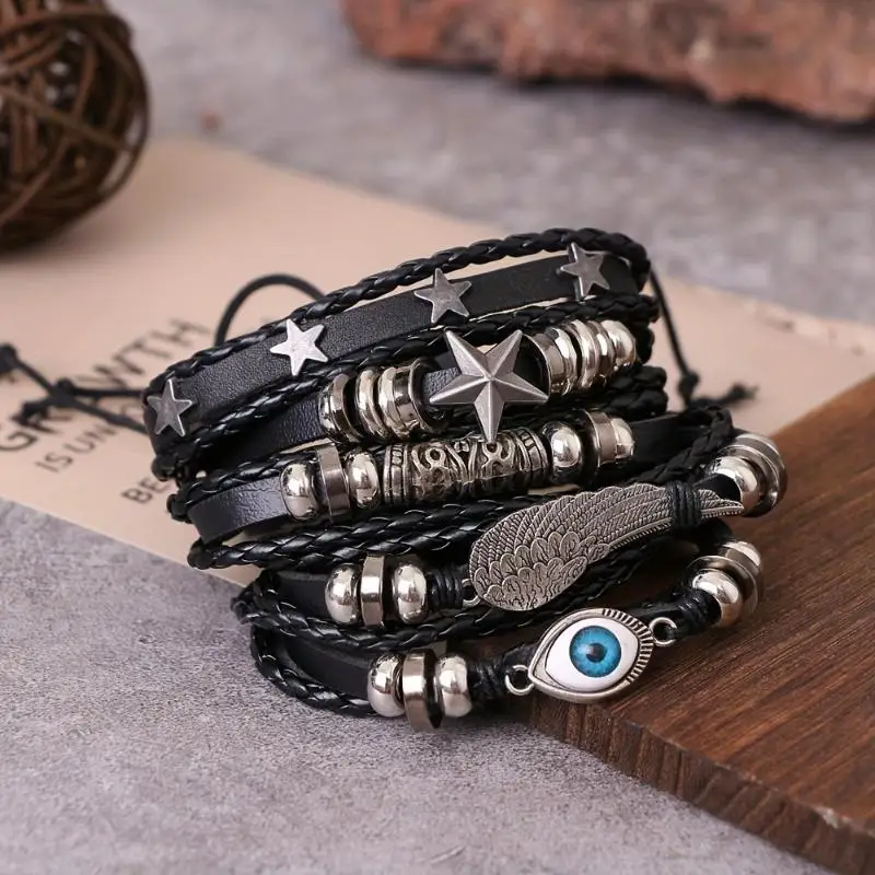 Boho Mehrschichtige Lederarmbänder, Charm-Perlen-Armband für Damen und Herren, Vintage Punk Wrap-Set – Detail 5